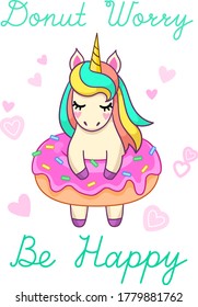 Unicornio lindo en el anillo inflable de donut. Ilustración de vectores aislada