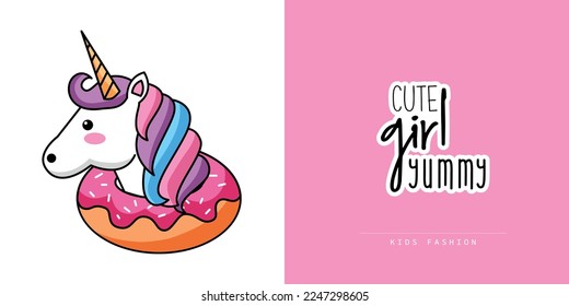 Cute unicorn and donut sets with text. print design for kids fashion and fabrics, wallpapers etc.