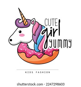Cute unicornio y donut con texto. diseño de impresión para niños, moda y telas, papel pintado, etc.