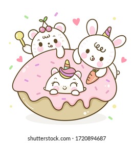 Cute unicorn donut vector and friend rabbit cartoon bear: Series Girly doodles (Kawaii animal) pet zoo Kid food bakery product fabulous fashion child décor cafe shop, Invitation post, t-shirt. 