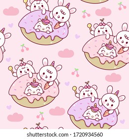 Cute unicorn donut vector and friend rabbit cartoon bear Seamless pattern: Series Kawaii food Girly doodles(Fairytale animal). Magic character on white background illustration. Perfect design for kid.