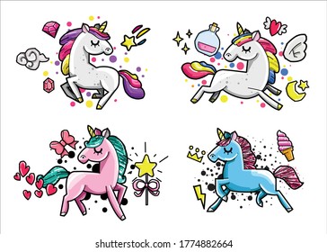 Cute unicorn doodle collection with magic items, rainbow, fairy wings, crystals, clouds, potion. Hand drawn line style. Vector doodles illustrations.