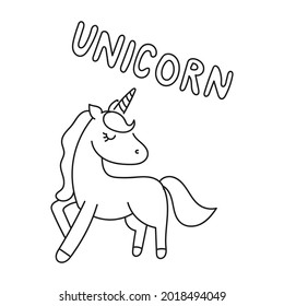 Cute unicorn doodle coloring page with animal and lettering. Hand drawn vector illustration