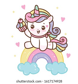 Cute Unicorn doodle pony child cartoon rainbow and sweet cupcakes(Fairytale animal) nursery wall, horse character: Girly doodles, hand drawn. Perfect for sweet shop, happy birthday, kid greeting card.