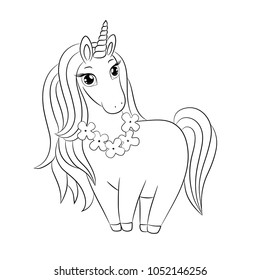 Cute unicorn doodle sketch with tropical flower wreath on neck, beautiful hair mane, outline vector illustration for coloring book, poster, decoratoin, card. Little girl lovely pony unicorn. 