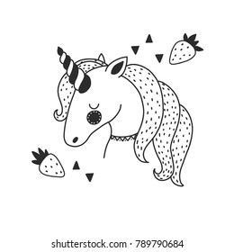 Cute unicorn doodle with strawberry
