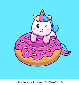 Cute Unicorn With Doughnut Cartoon Vector Icon Illustration. Animal Food Icon Concept Isolated Premium Vector. Flat Cartoon Style