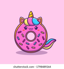 Cute Unicorn Doughnut Donut Cartoon Vector Icon Illustration. Animal Food Icon Concept Isolated Premium Vector. Flat Cartoon Style