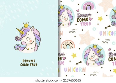 Cute Unicorn Drawing Card And Seamless Pattern