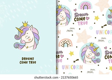 Cute unicorn drawing card and seamless pattern