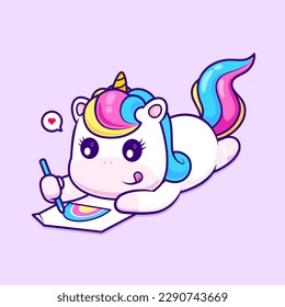 Cute Unicorn Drawing Rainbow On Paper Cartoon Vector Icon Illustration. Animal Education Icon Concept Isolated Premium Vector. Flat Cartoon Style