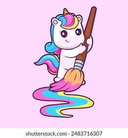 Cute Unicorn Drawing Rainbow With Paint Brush Cartoon Vector Icon Illustration. Animal Holiday Icon Concept Isolated Premium Vector. Flat Cartoon Style