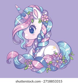 Un lindo unicornio dibujado a mano, con una cola trenzada y melena, flores y estrellas. Ilustración vectorial para niños.