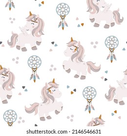 Cute unicorn and dream catcher in boho style seamless pattern. Design for scrapbooking, decoration, cards, paper goods, background, wallpaper, wrapping, fabric and all your creative projects