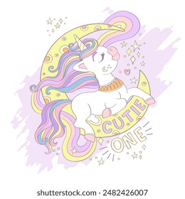 Lindo unicornio soñando en la luna. Una letra bonita. Ilustración vectorial en colores pastel de moda. Caricatura. Diseño de postales y pegatinas. Para estampado, sublimación, camiseta y diseño de ropa