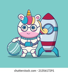 cute unicorn dress up as an astronaut and stand next to a huge rocket, suitable for children's books, birthday cards, valentine's day, stickers, book covers, greeting cards, printing. 