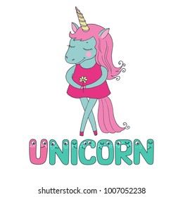 A cute unicorn dressed in blue. The letter U and the word unicorn from the funny children's alphabet with the eyes. Vector illustration on the white background in cartoon style.