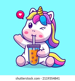 Cute Unicorn Drink Boba Milk Tea Cartoon Vector Icon Illustration. Animal Drink Icon Concept Isolated Premium Vector. Flat Cartoon Style