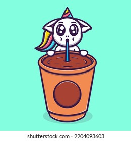 Cute Unicorn Drink Coffe Cartoon Vector Icon Illustration