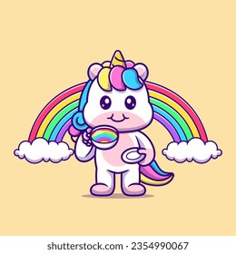 Cute Unicorn Drink Coffee With Rainbow Cartoon Vector Icon Illustration. Animal Drink Icon Concept Isolated Premium Vector. Flat Cartoon Style