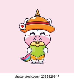 Cute unicorn drink fresh coconut cartoon illustration. Cute summer cartoon illustration. 