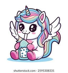 A cute unicorn drink ice with cute pose on a white background. It can be used for printing, textiles, web design. Vector illustration