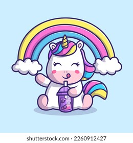 Cute Unicorn Drinking Boba Milk Tea With Rainbow Cartoon Vector Icon Illustration. Animal Drink Icon Concept Isolated Premium Vector. Flat Cartoon Style