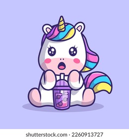 Cute Unicorn Drinking Boba Milk Tea Cartoon Vector Icon Illustration. Animal Drink Icon Concept Isolated Premium Vector. Flat Cartoon Style