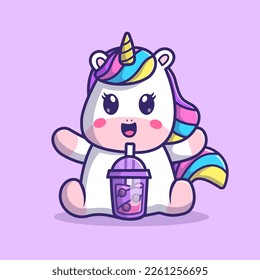 Cute Unicorn Drinking Boba Milk Tea Cartoon Vector Icon Illustration. Animal Drink Icon Concept Isolated Premium Vector. Flat Cartoon Style