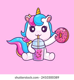 Cute Unicorn Drinking Boba Milk Tea With Donut Cartoon
Vector Icon Illustration. Animal Drink Icon Concept Isolated
Premium Vector. Flat Cartoon Style