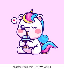 Cute Unicorn Drinking Bubble Milk Tea Cartoon Vector Icon Illustration. Animal Drink Icon Concept Isolated Premium Vector. Flat Cartoon Style