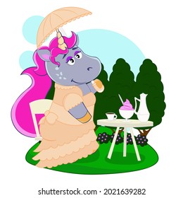 A cute unicorn is drinking coffee in the garden while sitting under an umbrella in a victorian dress. Cartoon vector illustration for children