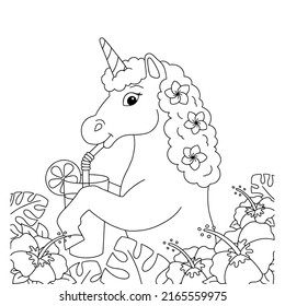 Cute unicorn is drinking juice. Coloring book page for kids. Cartoon style character. Vector illustration isolated on white background.