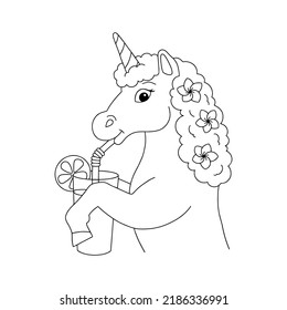 Cute unicornio es beber jugo. Colorando la página del libro para los niños. Caricatura de estilo. Ilustración vectorial aislada en fondo blanco.