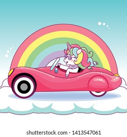 Cute unicorn driving a pink shiny vintage car 