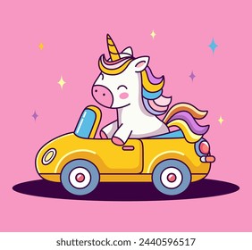 Cute unicorn with driving a yellow car cartoon kawaii, vector illustration