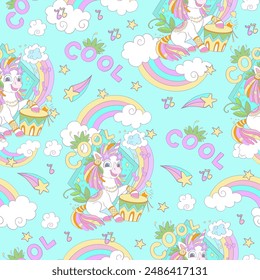 Lindo unicornio con un tambor, arco iris y letras Cool sobre un fondo turquesa. Patrón sin costuras. Ilustración vectorial. Estampado textil de moda para niños para diseño, decoraciones, Fondo de pantalla, tarjeta y ropa de cama