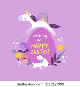 Cute Unicorn, Easter Bunny and Easter Egg. Happy Holidays