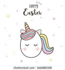 Cute unicorn Easter egg Cartoon Character vectors with pastel rainbow. Kawaii Filly Unicorn, Fairytale pony isolated on white background.