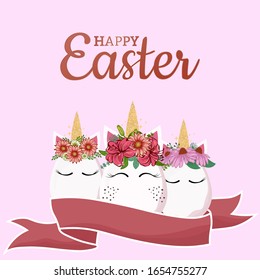 Cute unicorn Easter egg vector graphic design. Easter holiday concept. Cartoon unicorn head with flower crown isolated on pink background