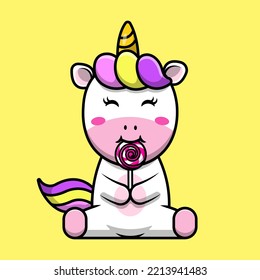 Cute Unicorn Eat Lollipop Cartoon Vector Icons Illustration. Flat Cartoon Concept. Suitable for any creative project.