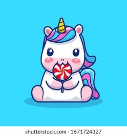 Cute Unicorn Eat Lollipop Vector Icon Illustration. Unicorn Mascot Cartoon Character. Animal Icon Concept White Isolated. Flat Cartoon Style Suitable for Web Landing Page, Banner, Flyer, Sticker, Card