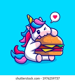 Cute Unicorn Eating Burger Cartoon Vector Icon Illustration. Animal Food Icon Concept Isolated Premium Vector. Flat Cartoon Style