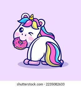 Cute Unicorn Eating Donut Cartoon Vector Icon Illustration. Animal Food Icon Concept Isolated Premium Vector. Flat Cartoon Style