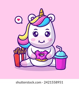 Cuesta Unicornio Comer Donut Con Fries Francesas Y Soda
Ilustración del icono del vector de dibujos animados. Concepto de icono de comida animal 
PremiumVector aislado. Estilo de dibujo plano