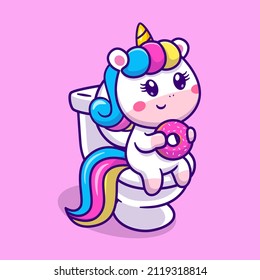 Cute Unicorn Eating Donut In Toilet Cartoon Vector Icon Illustration. Animal Food Icon Concept Isolated Premium Vector. Flat Cartoon Style