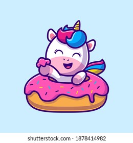 Cute Unicorn Eating Doughnut Cartoon Vector Icon Illustration. Animal Food Icon Concept Isolated Premium Vector. Flat Cartoon Style