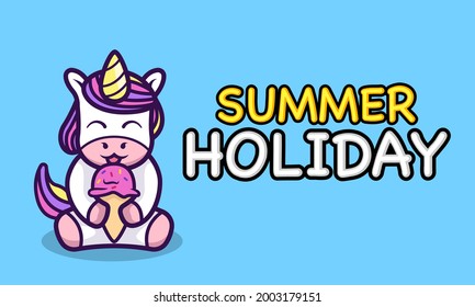 Cute unicorn eating ice cream summer holiday banner
