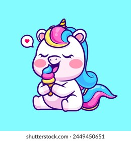 Cute Unicorn Eating Ice Cream Cartoon Vector Icon Illustration. Animal Food Icon Concept Isolated Premium Vector. Flat Cartoon Style