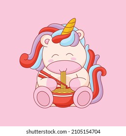 Cute unicorn eating noodle cartoon vector icon illustration